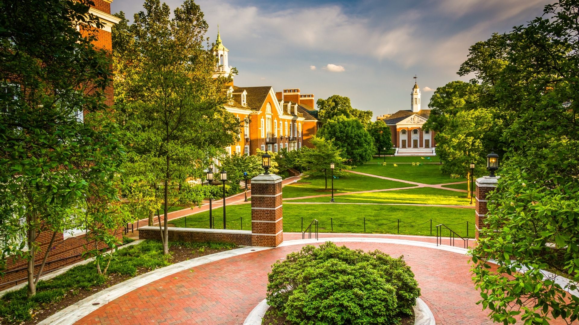 Johns Hopkins campus walkway with people moving through the space.